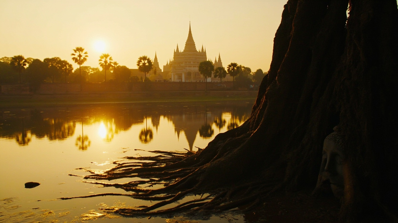 Ayutthaya temple ruins reflected in the river at golden hour