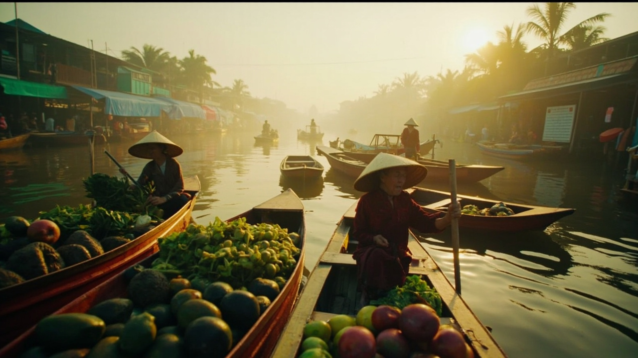 Colorful boats at Damnoen Saduak floating market at dawn