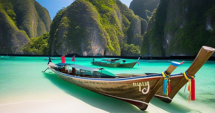 Longtail boats below limestone cliffs at Phi Phi